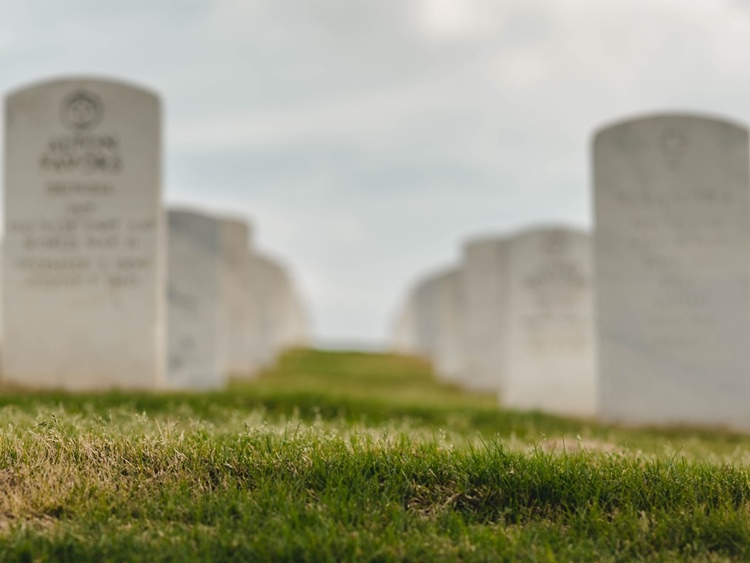 Granite tombstones in grassy graveyard on gray, cloudy day