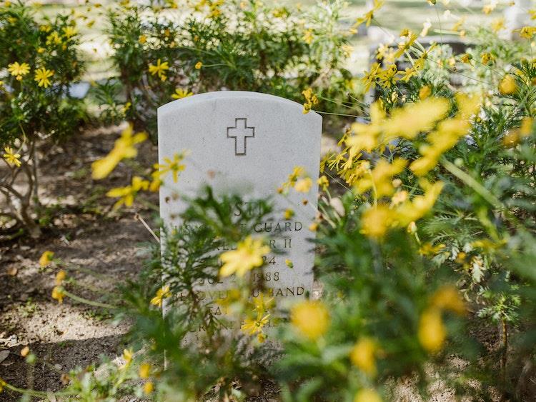 Granite tombstone with cross symbol engraving in soil with surrounding yellow flowers